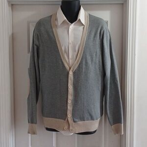 BLACK Gray & Cream Cardigan Sweater with Patch Sleeves
